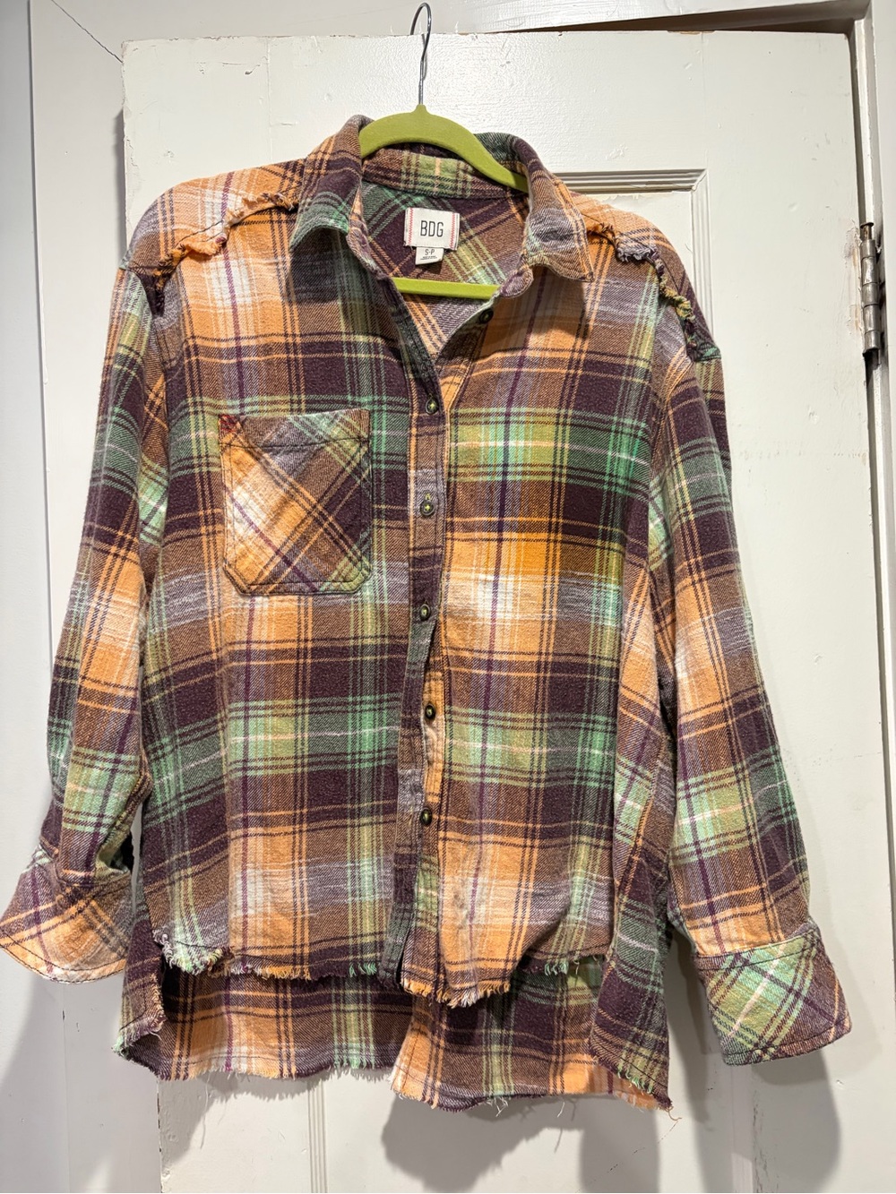 BDG Plaid Flannel Shirt Jacket in Green, Brown & peach